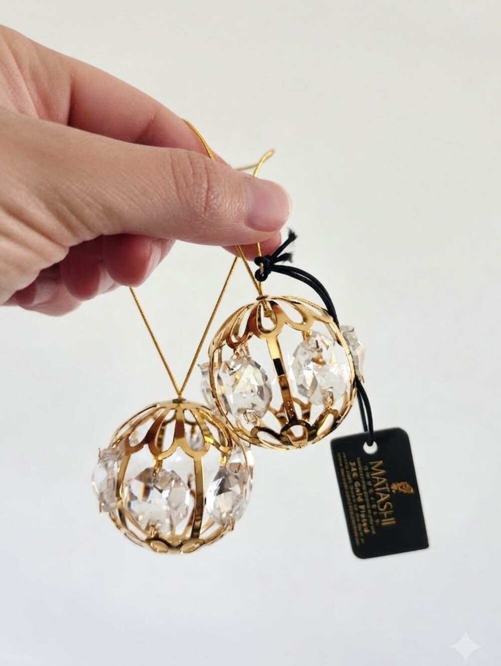 Matashi Pair of 24K Gold Plated Crystal Studded Christmas Ball Orbs, Set of 2 Ne